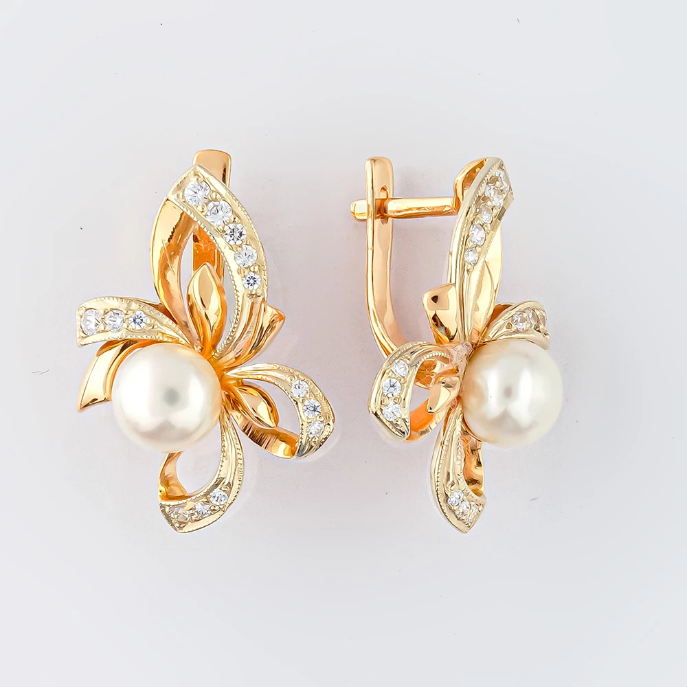 Серьги с культивированным жемчугом из красного золота 585 пробы