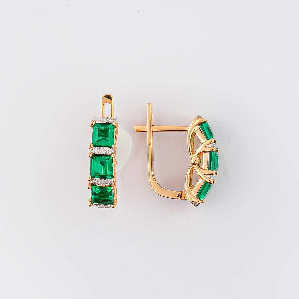 Серьги с изумрудом синтетическим из красного золота 585 пробы