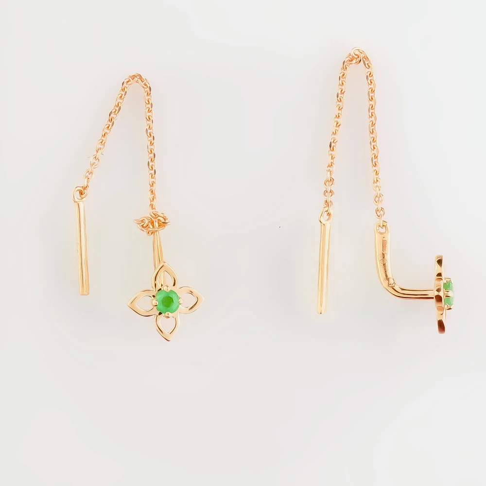 Серьги-продевки с изумрудом из красного золота 585 пробы