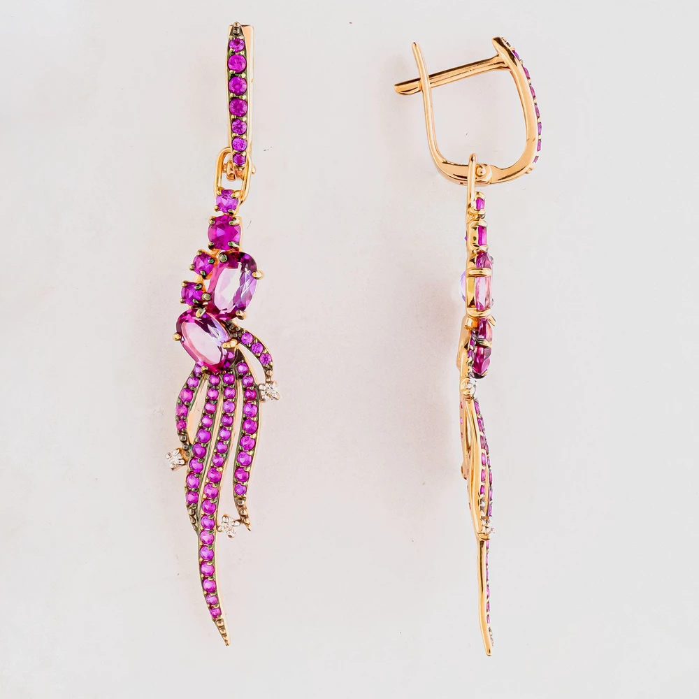 Серьги с рубином синтетическим из красного золота 585 пробы