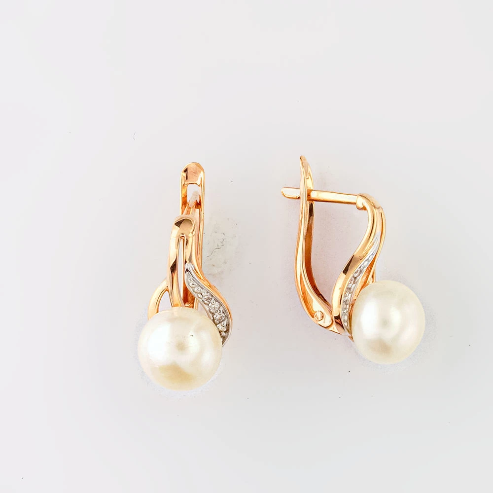 Серьги с культивированным жемчугом из красного золота 585 пробы