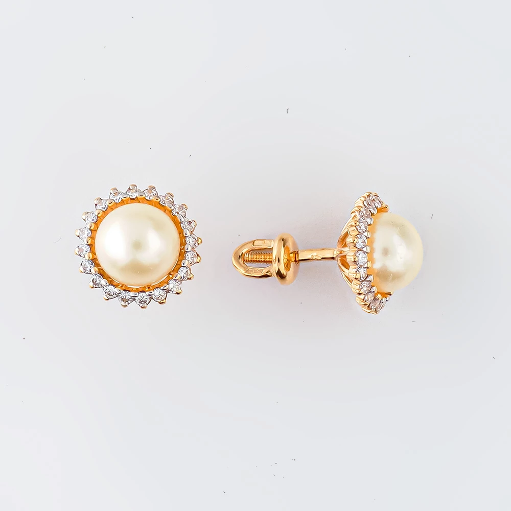 Серьги с культивированным жемчугом из красного золота 585 пробы