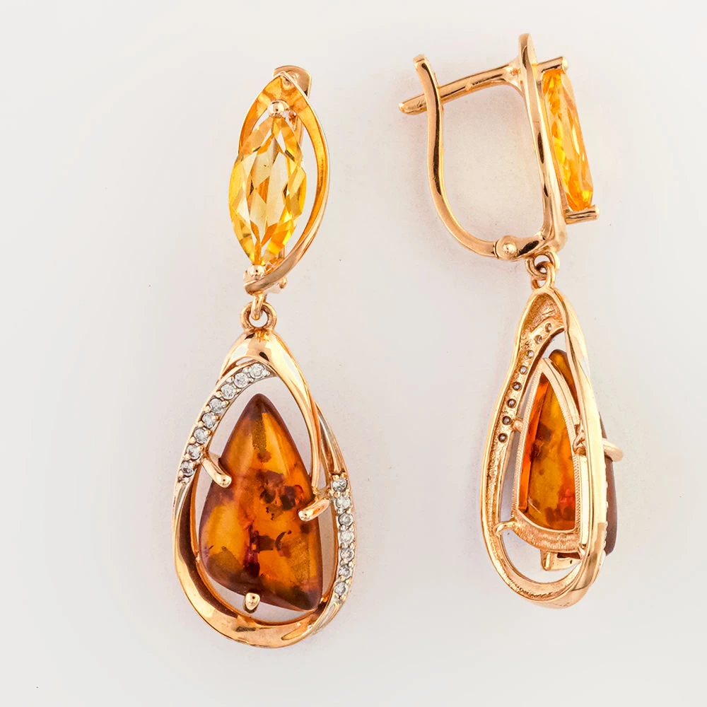 Серьги с янтарем из красного золота 585 пробы