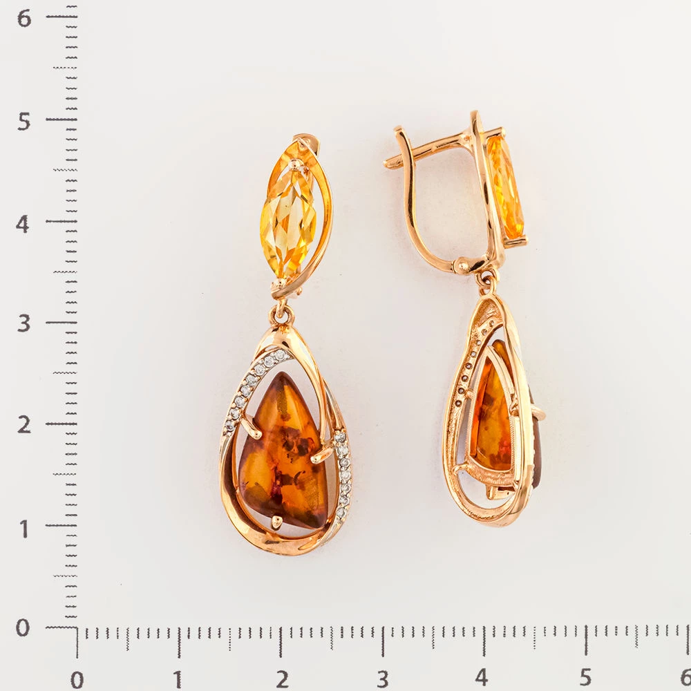 Серьги с янтарем из красного золота 585 пробы