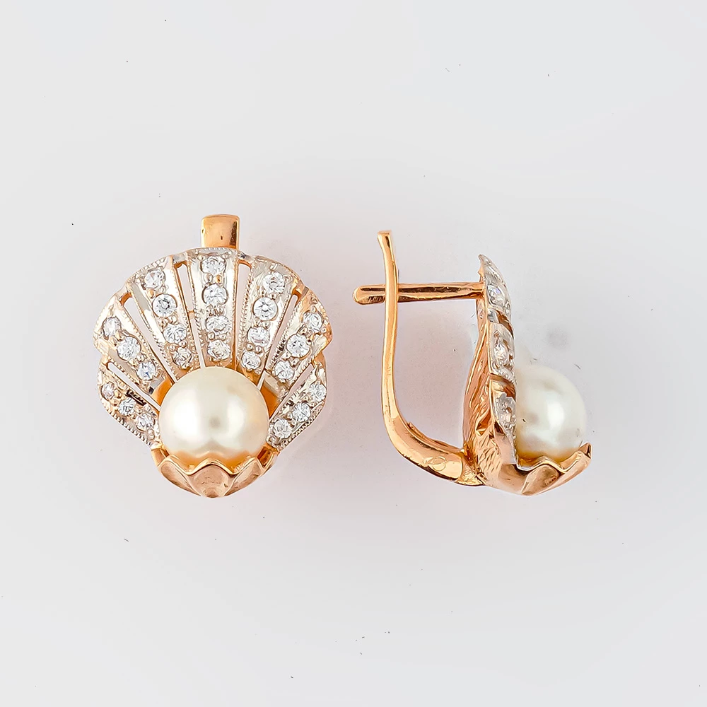 Серьги с культивированным жемчугом из красного золота 585 пробы