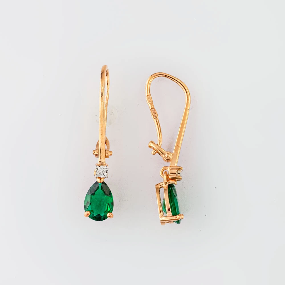 Серьги с изумрудом синтетическим из красного золота 585 пробы