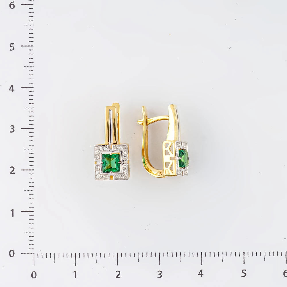 Серьги с изумрудом синтетическим из желтого золота 585 пробы