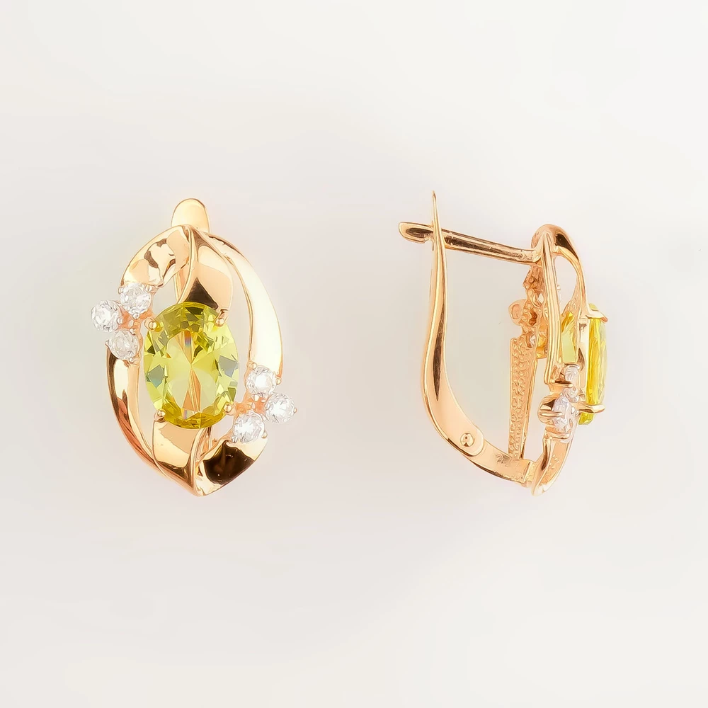 Серьги с хризолитом из красного золота 585 пробы