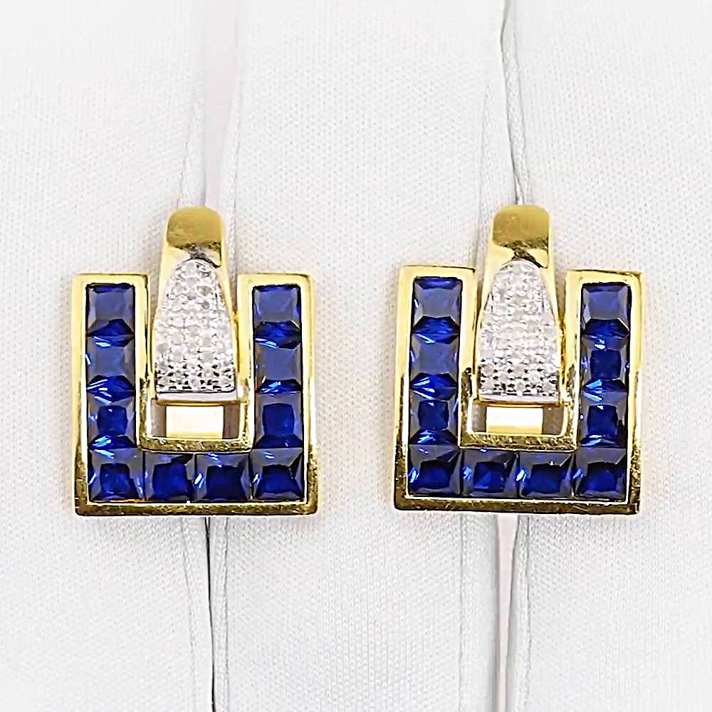 Серьги с сапфиром синтетическим из желтого золота 585 пробы