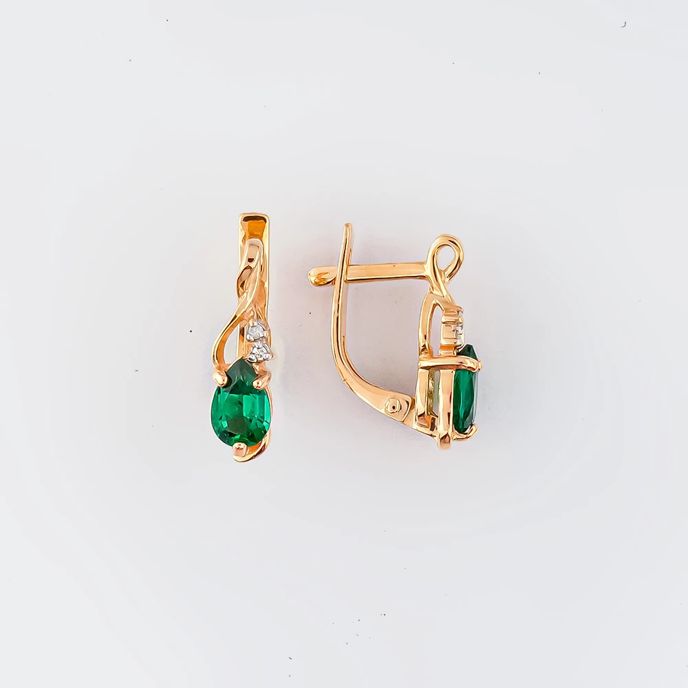 Серьги с изумрудом синтетическим из красного золота 585 пробы