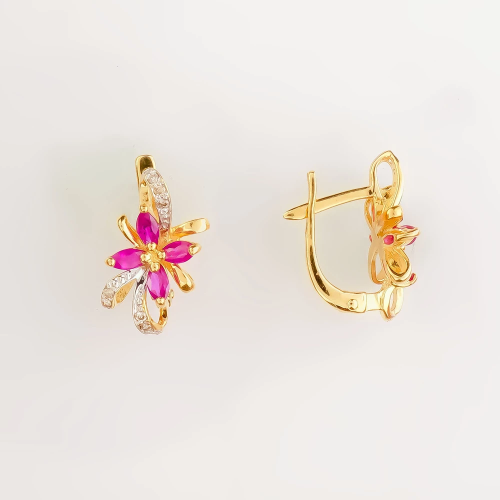 Серьги с рубином из желтого золота 585 пробы