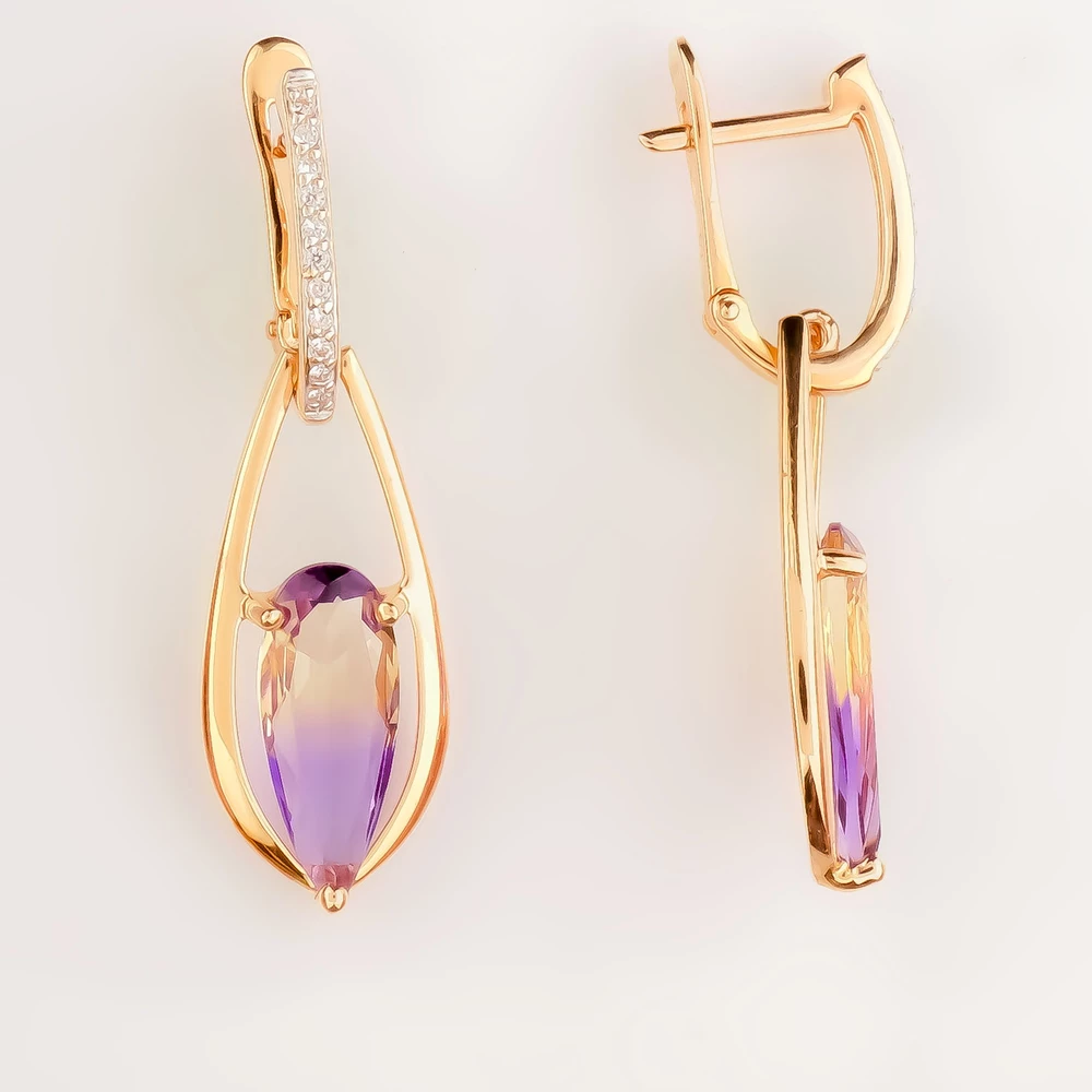 Серьги с аметрином синтетическим из красного золота 585 пробы