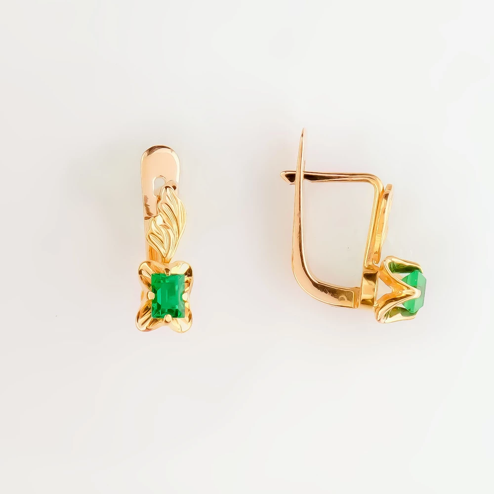 Серьги с изумрудом синтетическим из красного золота 585 пробы