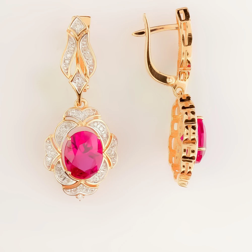 Серьги с рубином синтетическим из красного золота 585 пробы