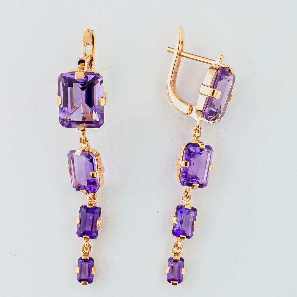 Серьги с аметистом из красного золота 585 пробы