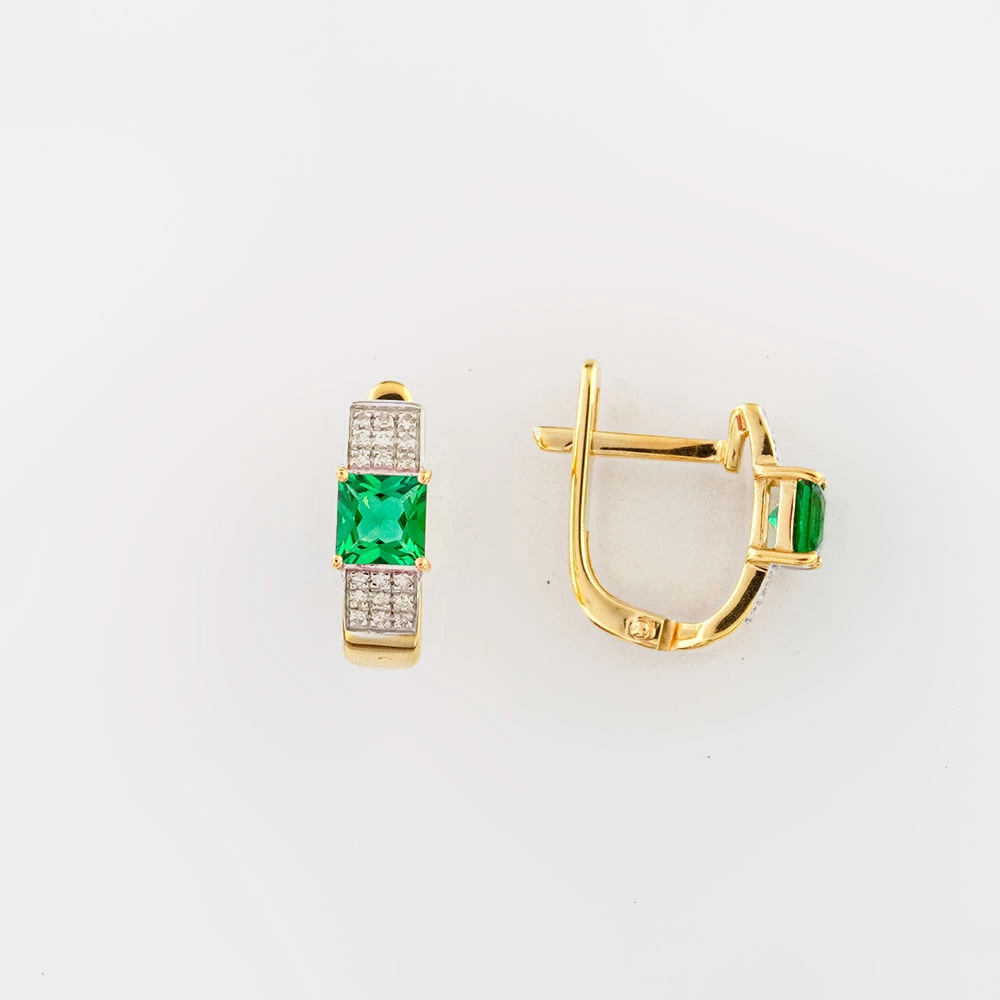 Серьги с изумрудом синтетическим из желтого золота 585 пробы