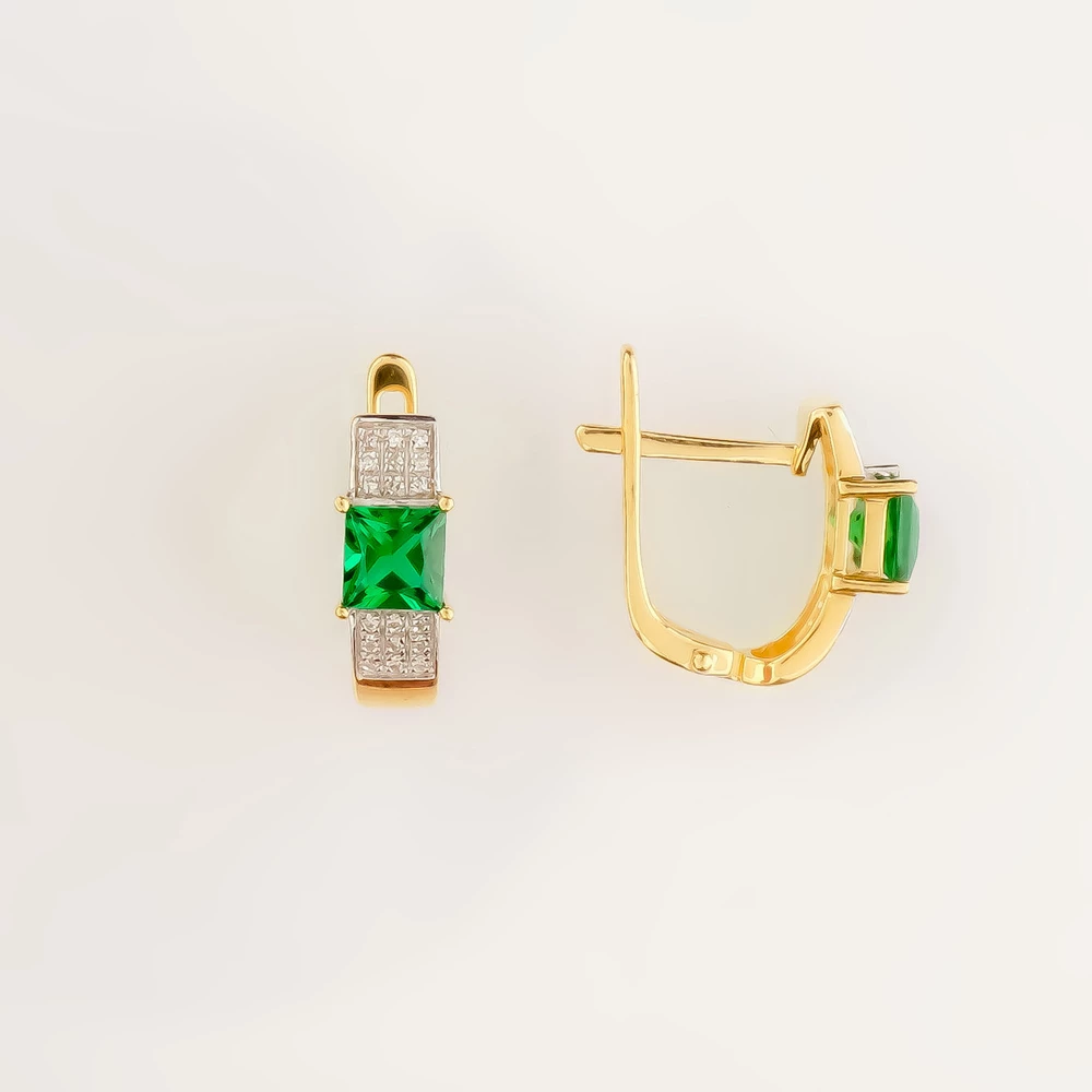 Серьги с изумрудом синтетическим из желтого золота 585 пробы