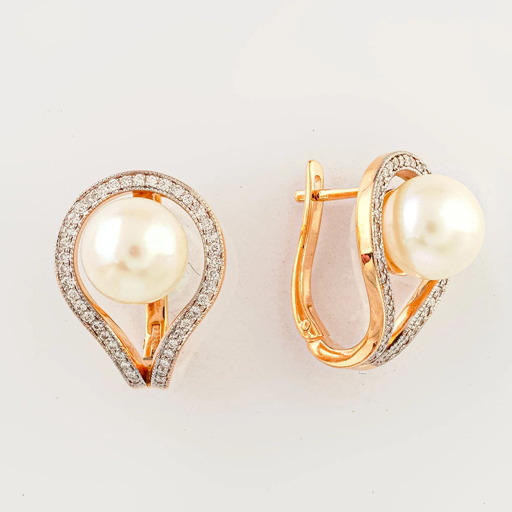 Серьги с культивированным жемчугом из красного золота 585 пробы