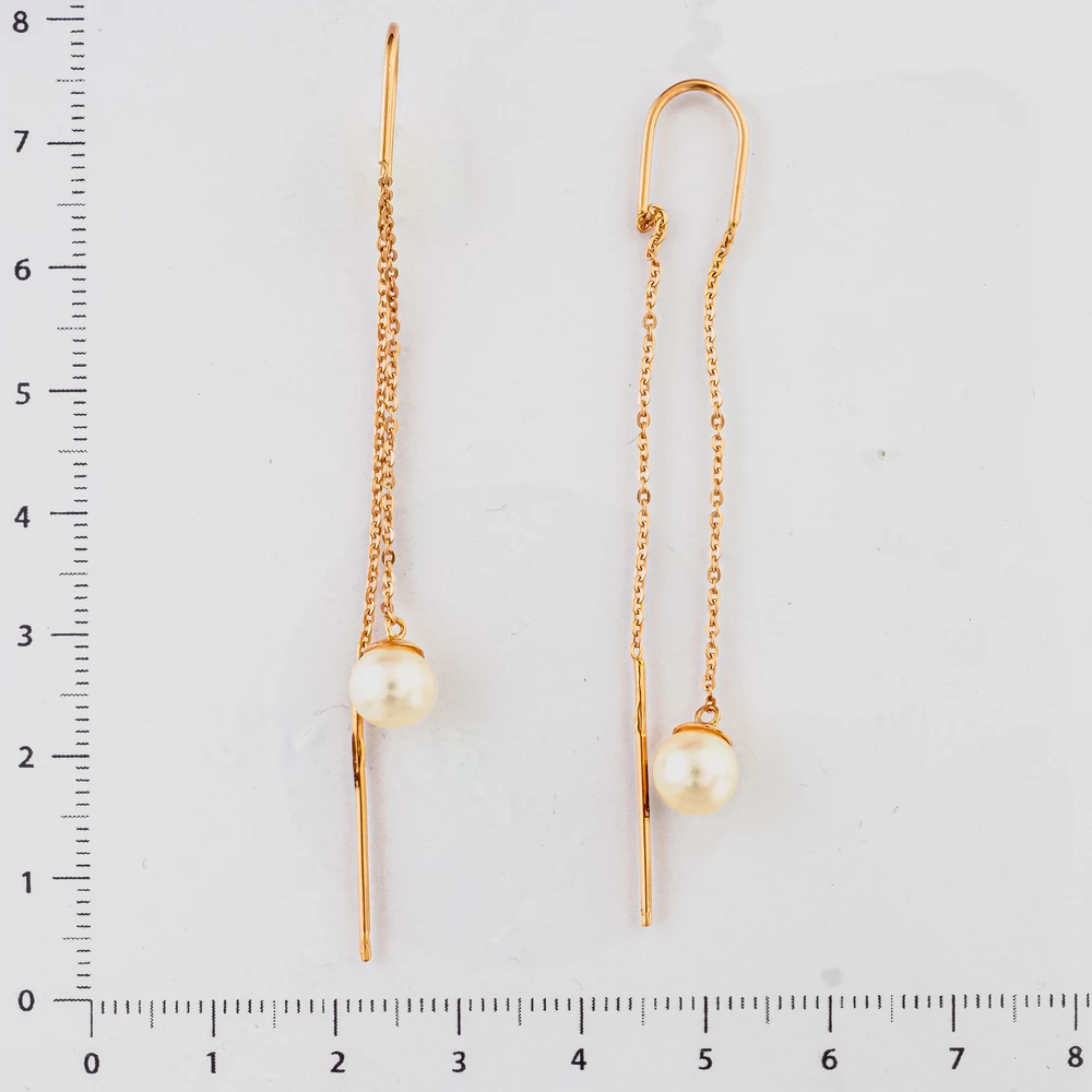 Серьги-продевки с культивированным жемчугом из красного золота 585 пробы