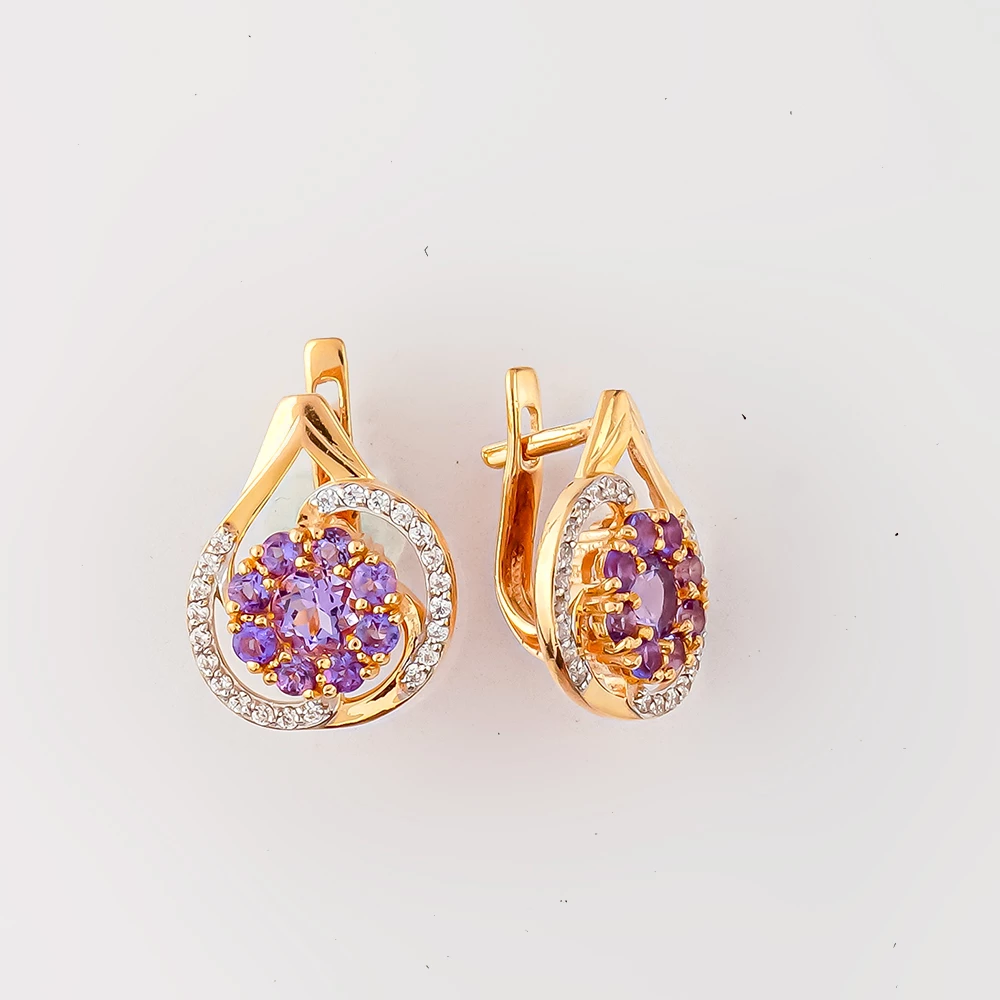 Серьги с аметистом из красного золота 585 пробы
