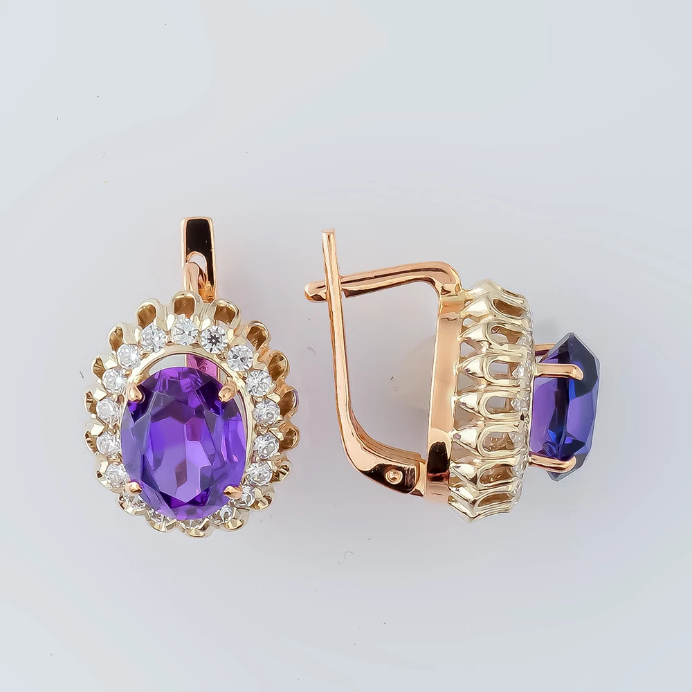 Серьги с фианитом из красного золота 585 пробы