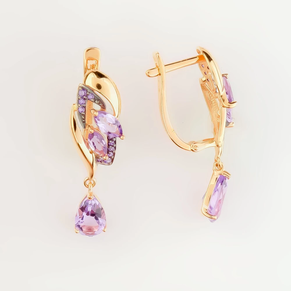 Серьги с аметистом из красного золота 585 пробы