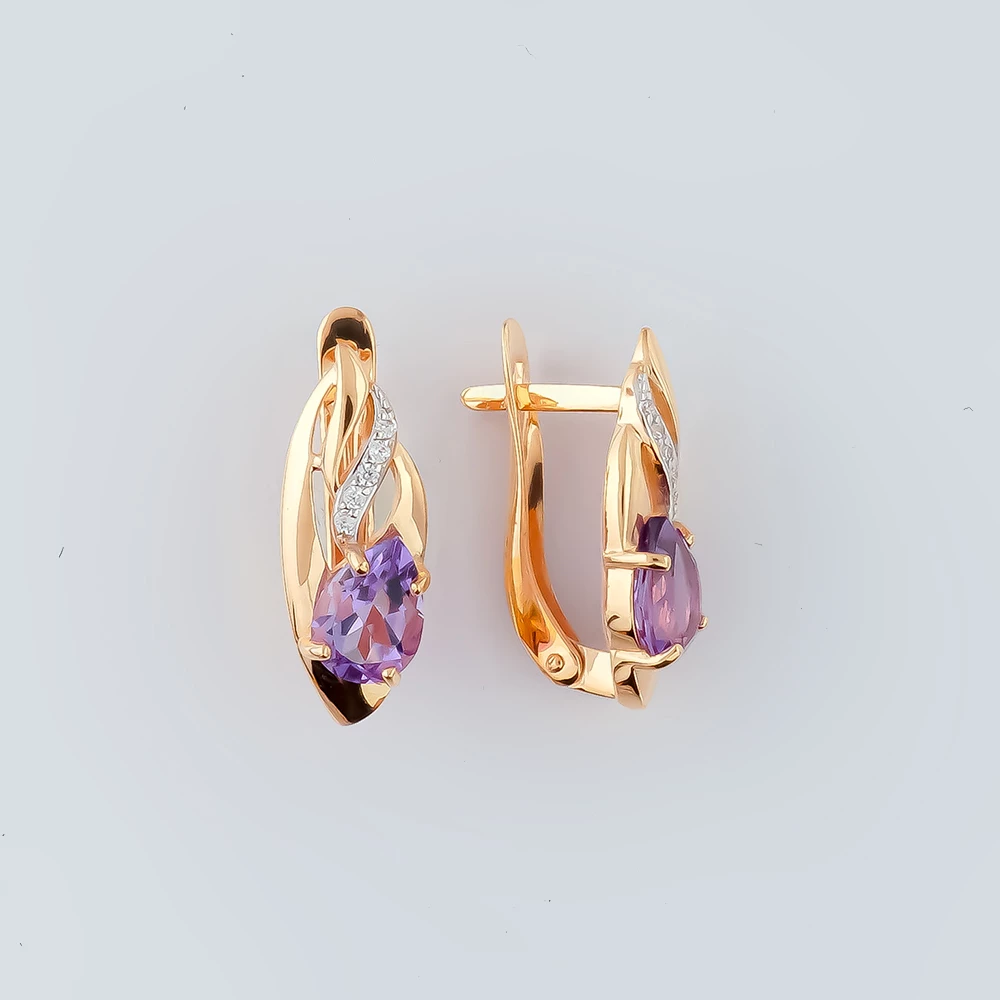 Серьги с аметистом из красного золота 585 пробы