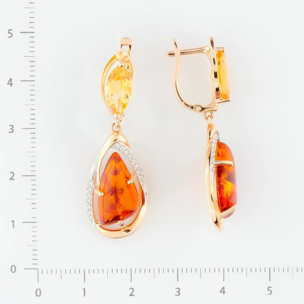 Серьги с янтарем из красного золота 585 пробы