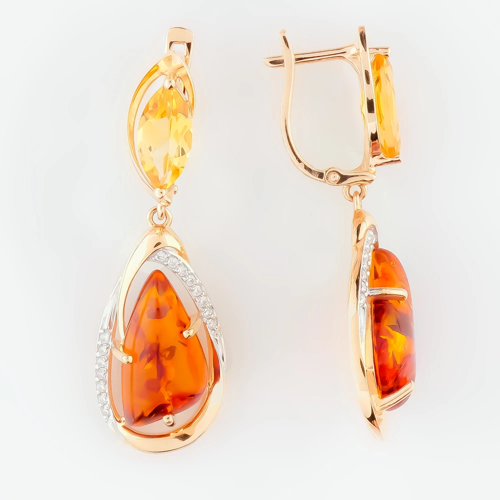 Серьги с янтарем из красного золота 585 пробы