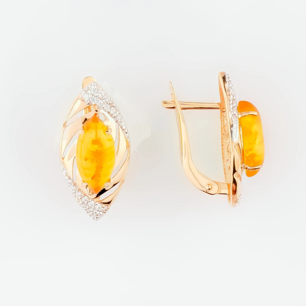 Серьги с янтарем из красного золота 585 пробы