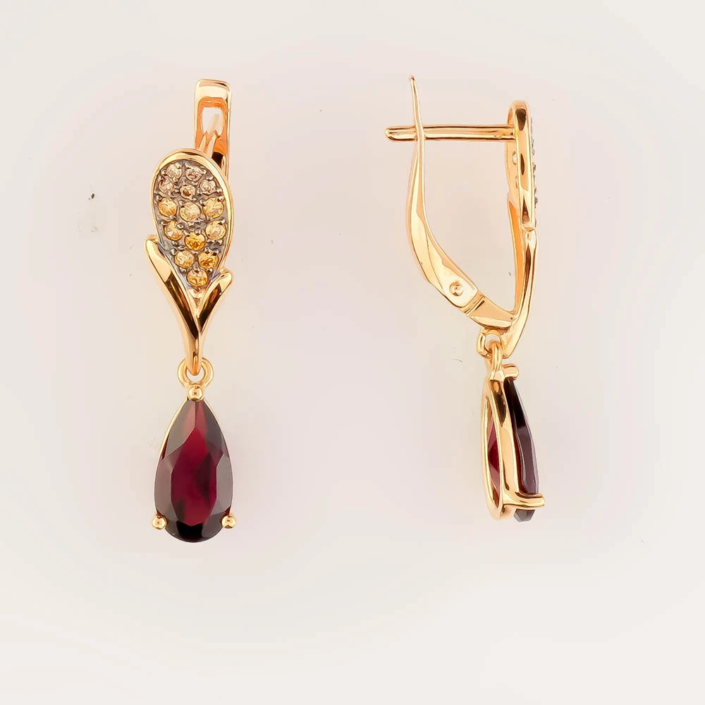 Серьги с гранатом из красного золота 585 пробы