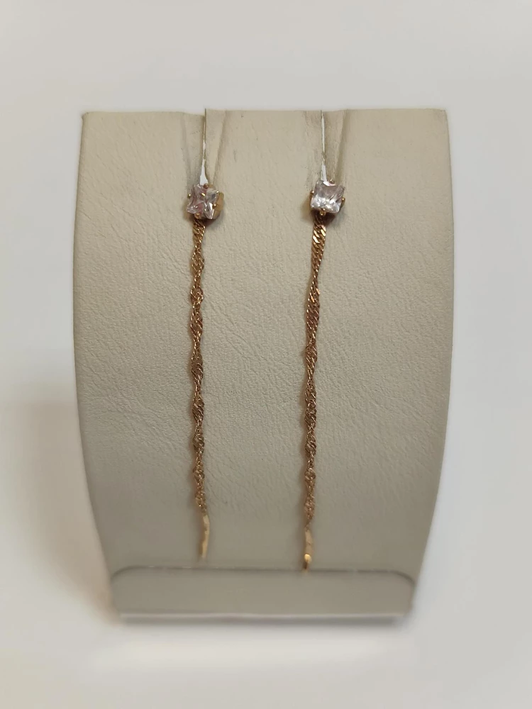 Серьги-продевки с фианитом из красного золота 585 пробы