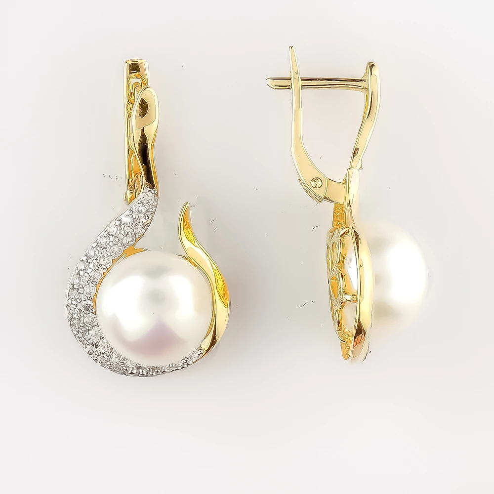 Серьги с культивированным жемчугом из желтого золота 585 пробы