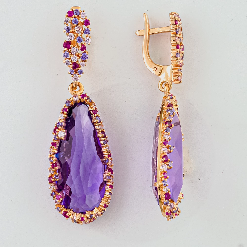 Серьги с аметистом из красного золота 585 пробы