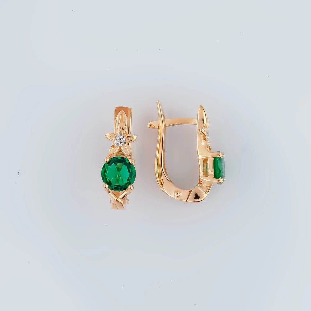 Серьги с изумрудом синтетическим из красного золота 585 пробы