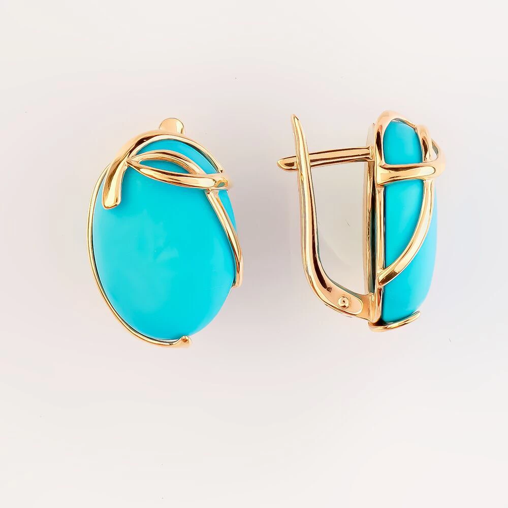 Серьги с бирюзой синтетической из красного золота 585 пробы