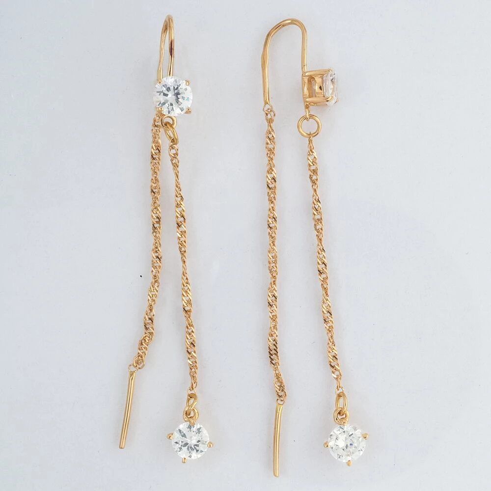 Серьги-продевки с фианитом из красного золота 585 пробы