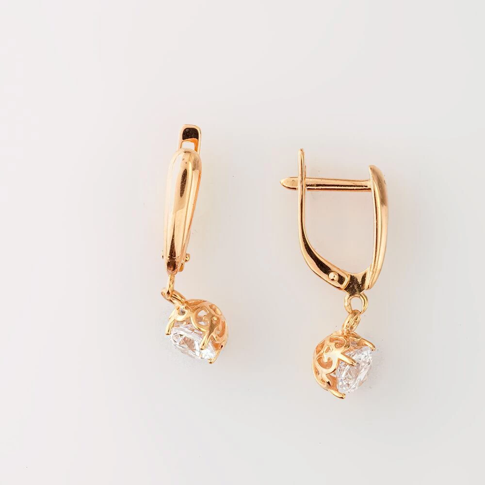 Серьги с фианитом из красного золота 585 пробы