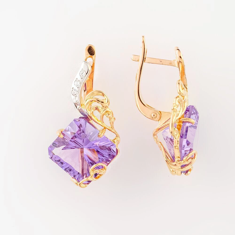 Серьги с аметистом из красного золота 585 пробы