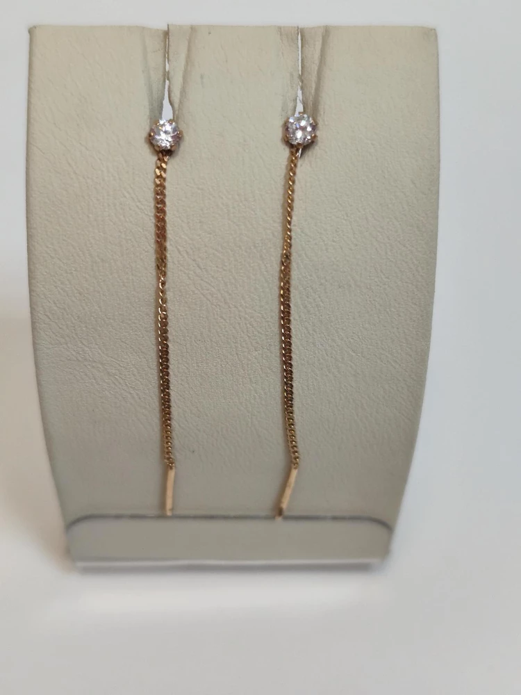 Серьги-продевки с фианитом из красного золота 585 пробы