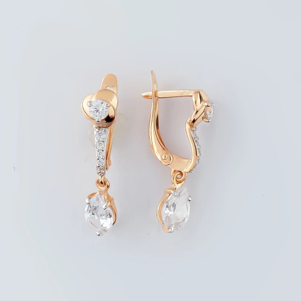 Серьги с фианитом из красного золота 585 пробы
