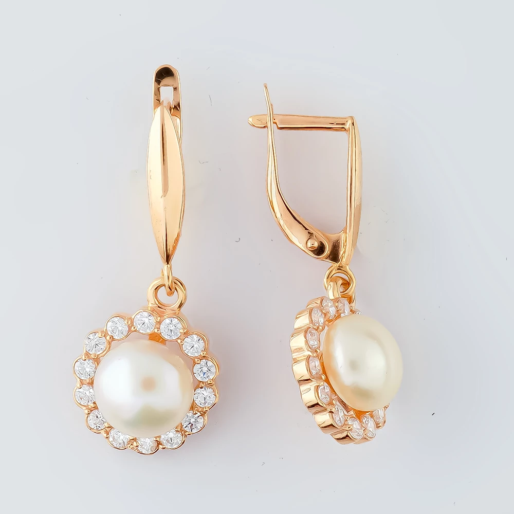 Серьги с культивированным жемчугом из красного золота 585 пробы