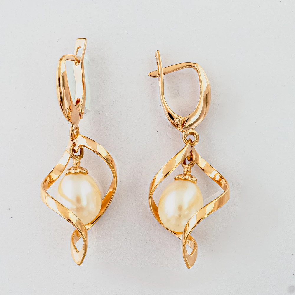 Серьги с культивированным жемчугом из красного золота 585 пробы