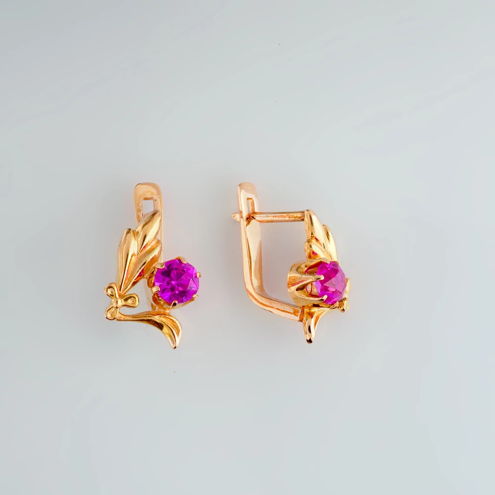 Серьги с фианитом из красного золота 585 пробы