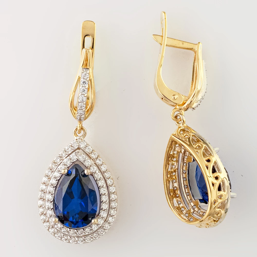 Серьги с сапфиром синтетическим из желтого золота 585 пробы