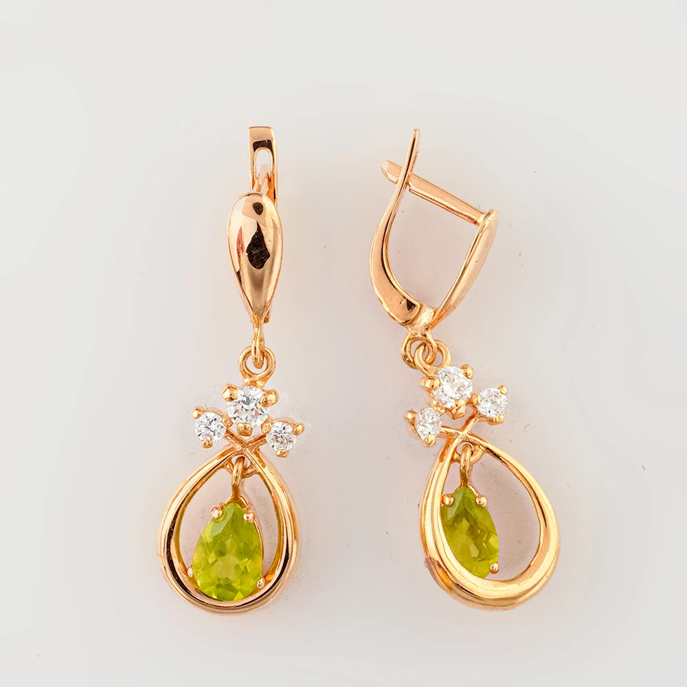 Серьги с хризолитом из красного золота 585 пробы