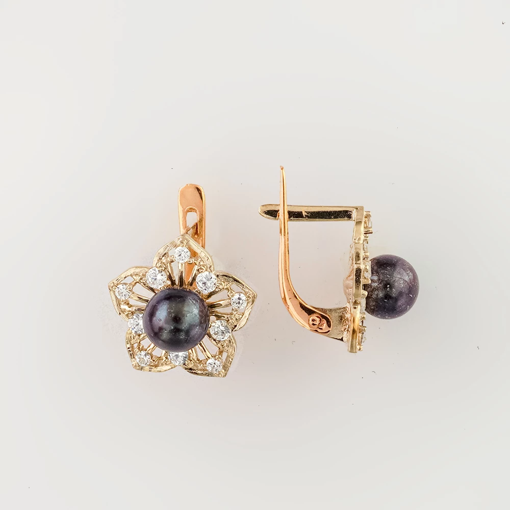 Серьги с культивированным жемчугом из красного золота 585 пробы