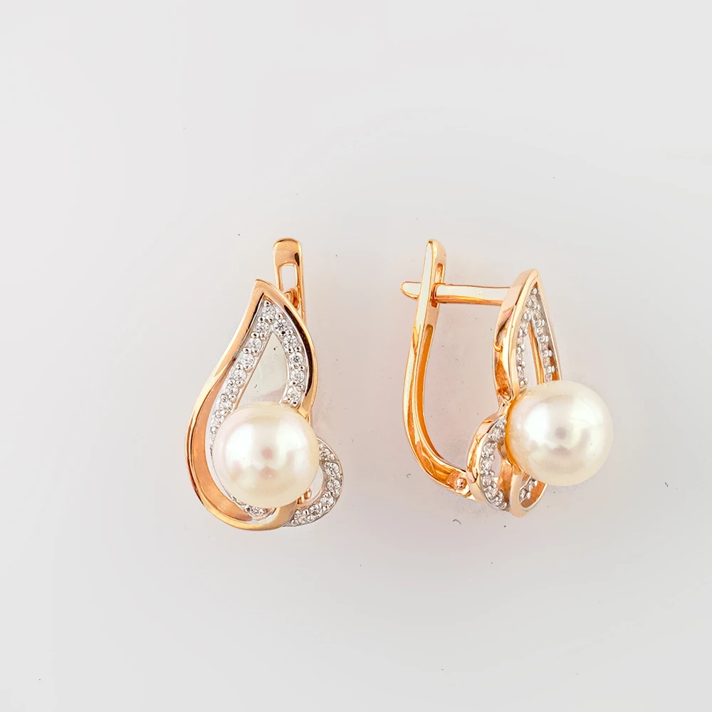 Серьги с культивированным жемчугом из красного золота 585 пробы