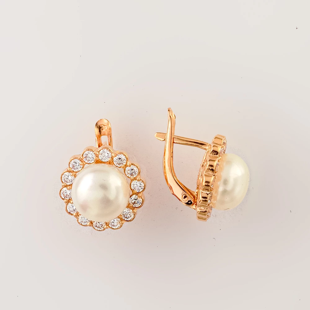 Серьги с культивированным жемчугом из красного золота 585 пробы