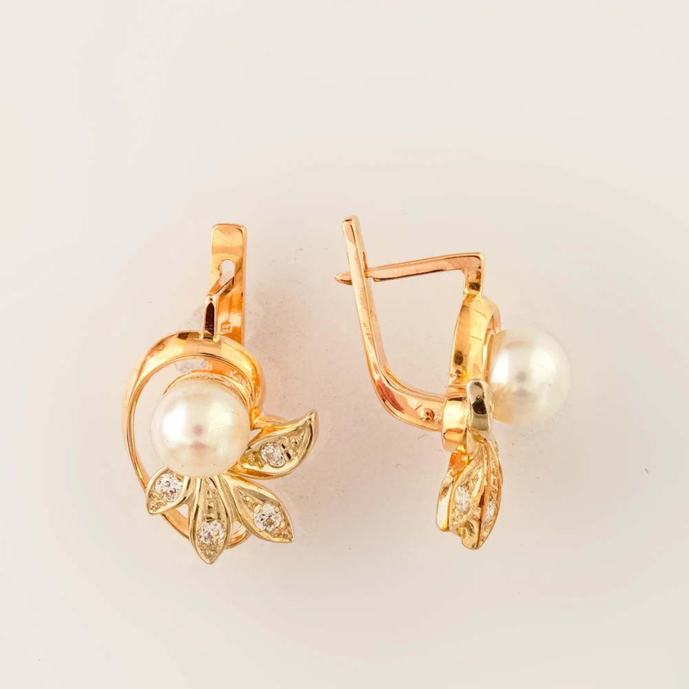 Серьги с культивированным жемчугом из красного золота 585 пробы